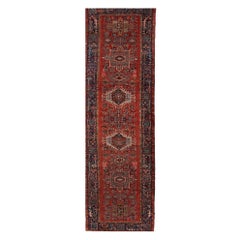 Tapis de course persan Heriz Circa 1910 - Laine Bleu Ivoire Bleu marine Rouge - 99586