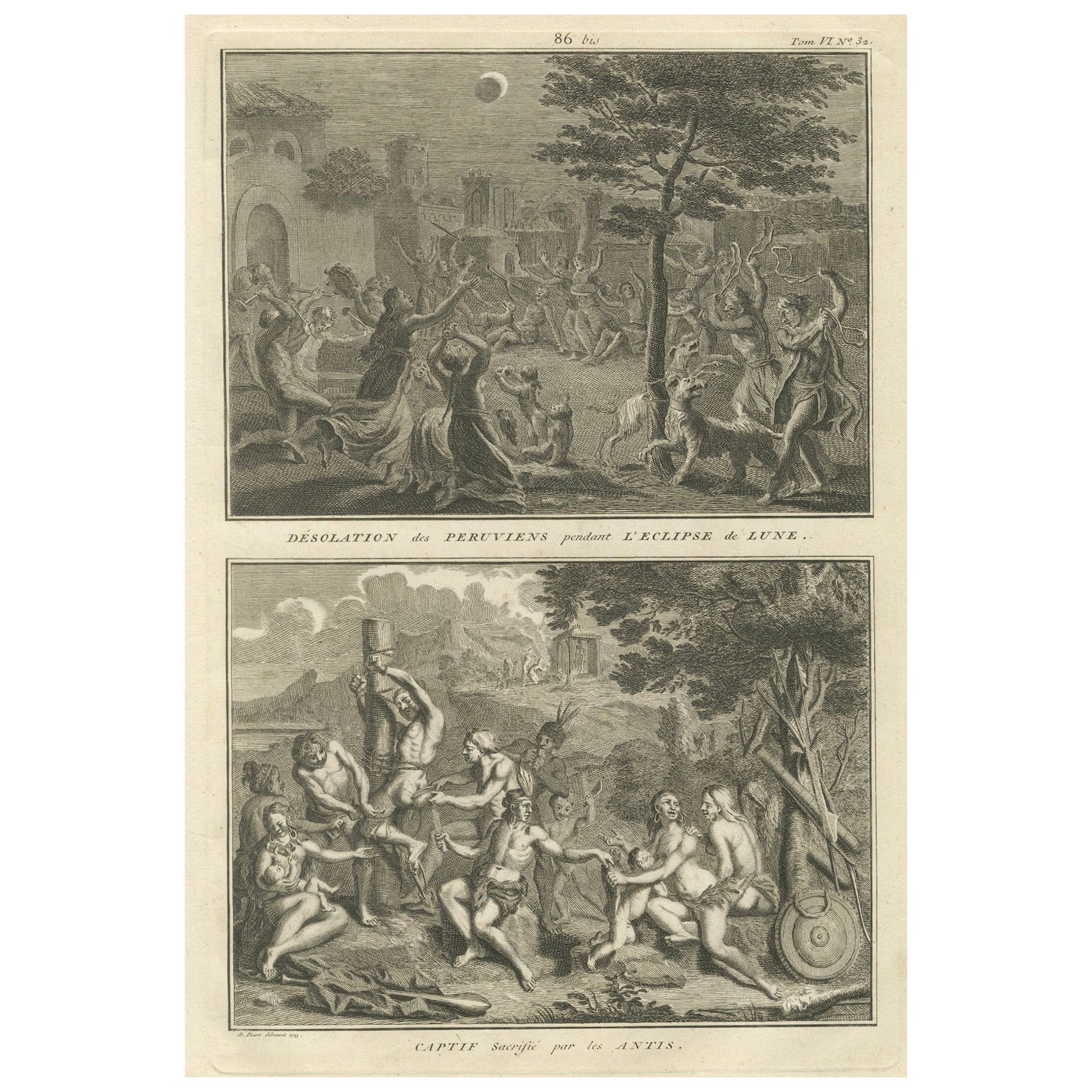 Panico da eclissi in Perù e sacrificio rituale degli Antis - Rara stampa etnografica del 1734