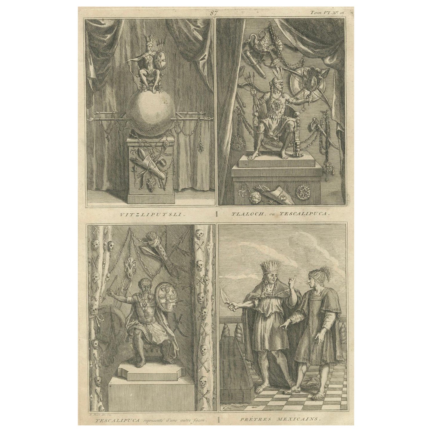 Mexican Gods and Priests – 1734 Engraving of Aztec Deities and Religious Ritual
