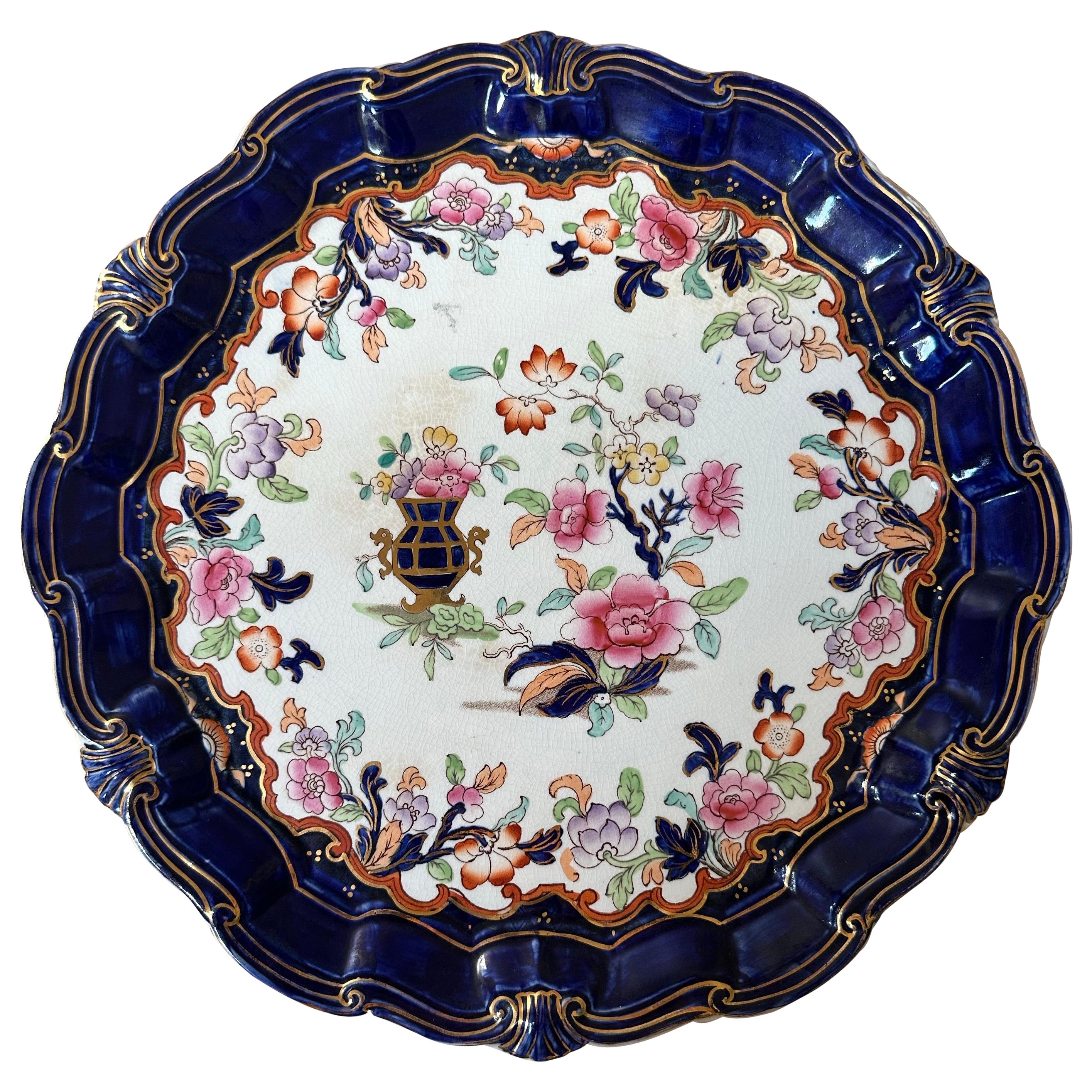 Antico piatto in porcellana Ridgway Chinoiserie con bordo cobalto