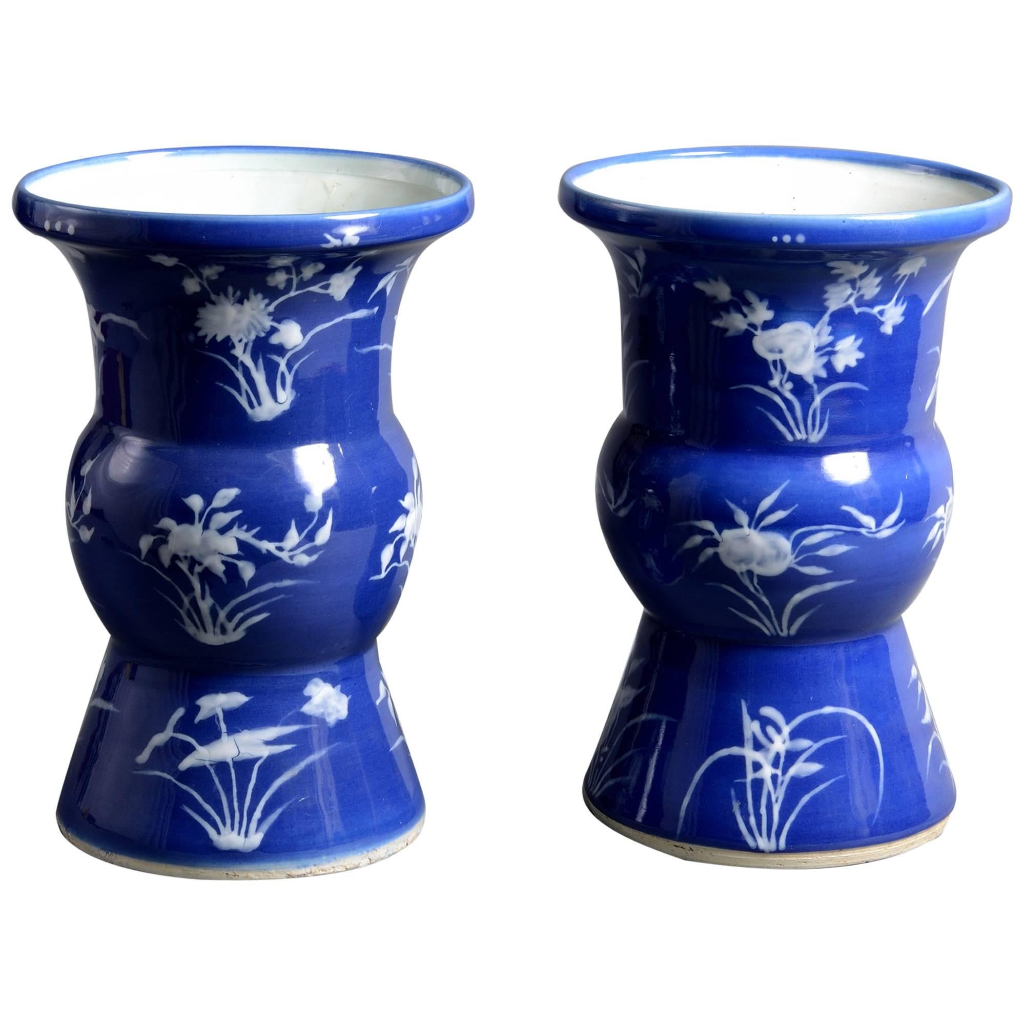 19th Century Pair of Blue Ground Porcelain Beaker Vases For Sale