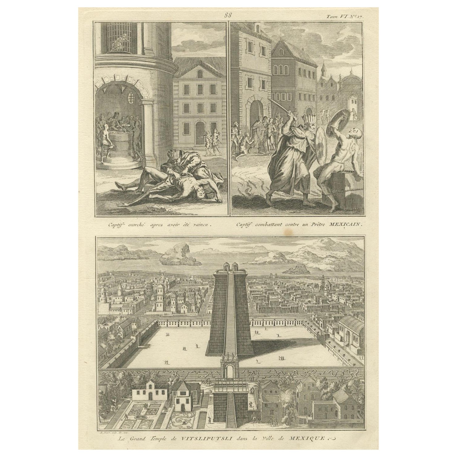 Aztec Captives and the Great Temple of Huitzilopochtli – 1734 Mexico Engraving