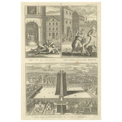 Cautivos aztecas y el Gran Templo de Huitzilopochtli - Grabado de México de 1734