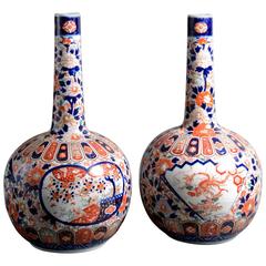Antique Pair of 19th Century Imari Porcelain Bottle Vases