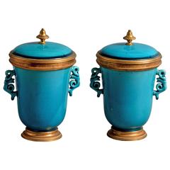 Pair of 19th Century Ormolu-Mounted Turquoise Porcelain Vases by Samson