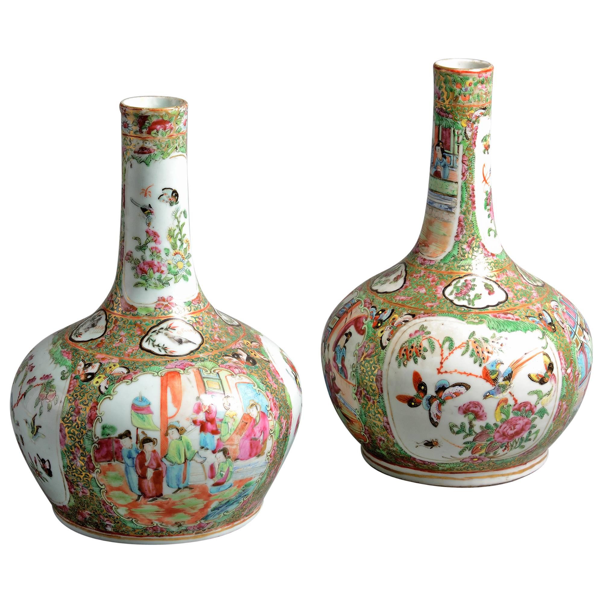 Pair of 19th Century Canton Porcelain Bottle Vases