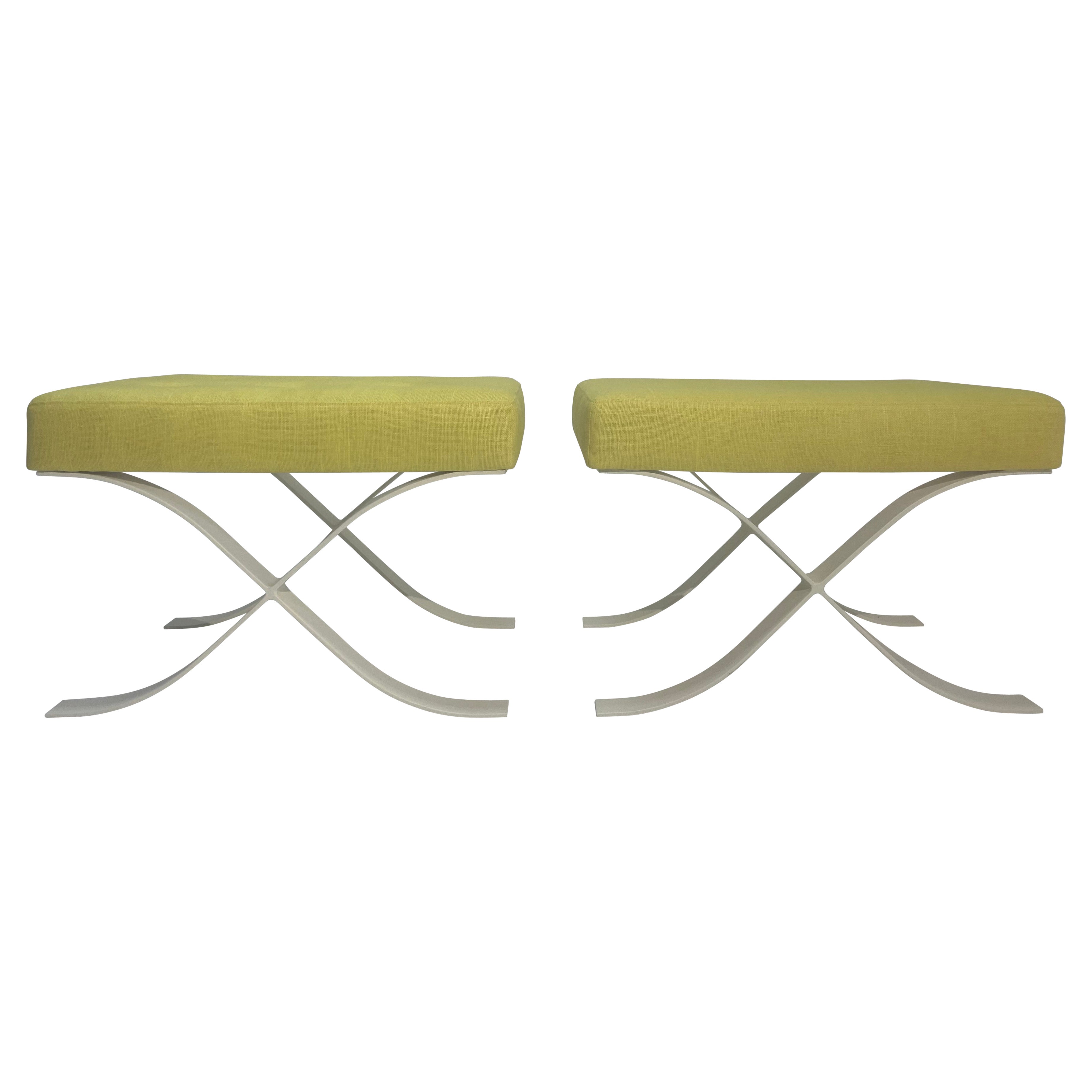 Pair of Mid Century Modern Ottomans, Stools, Cream, Yellow