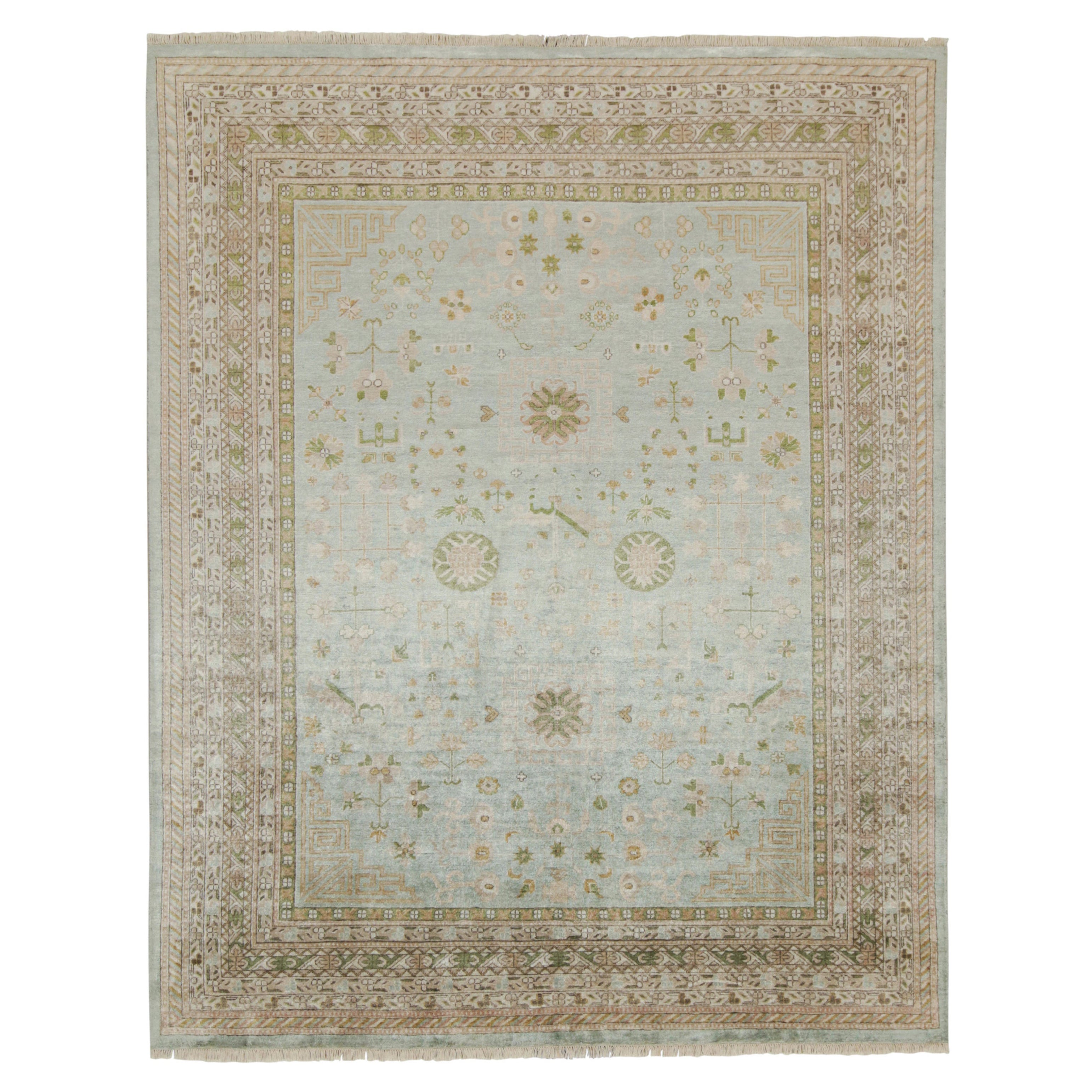 Rug & Kilim’s Khotan Style Rug with Blue & Beige-Brown Geometric Pattern