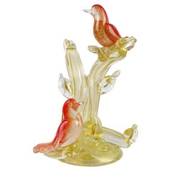 Sculpture italienne en verre de Murano Seguso, oiseaux sur arbre, rouge, orange et mouchetures d'or