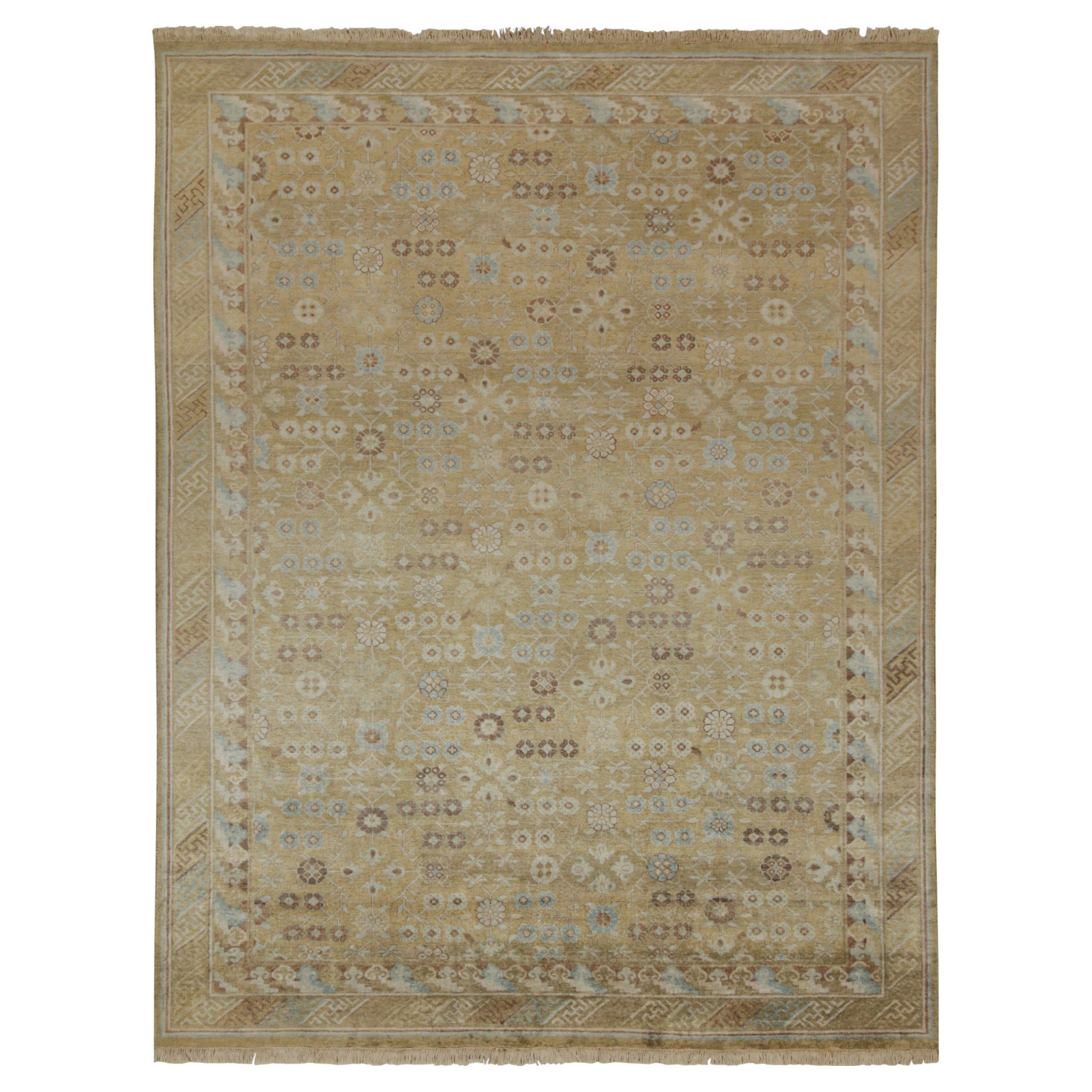 Rug & Kilim’s Khotan Style Rug with Blue & Beige-Brown Geometric Pattern