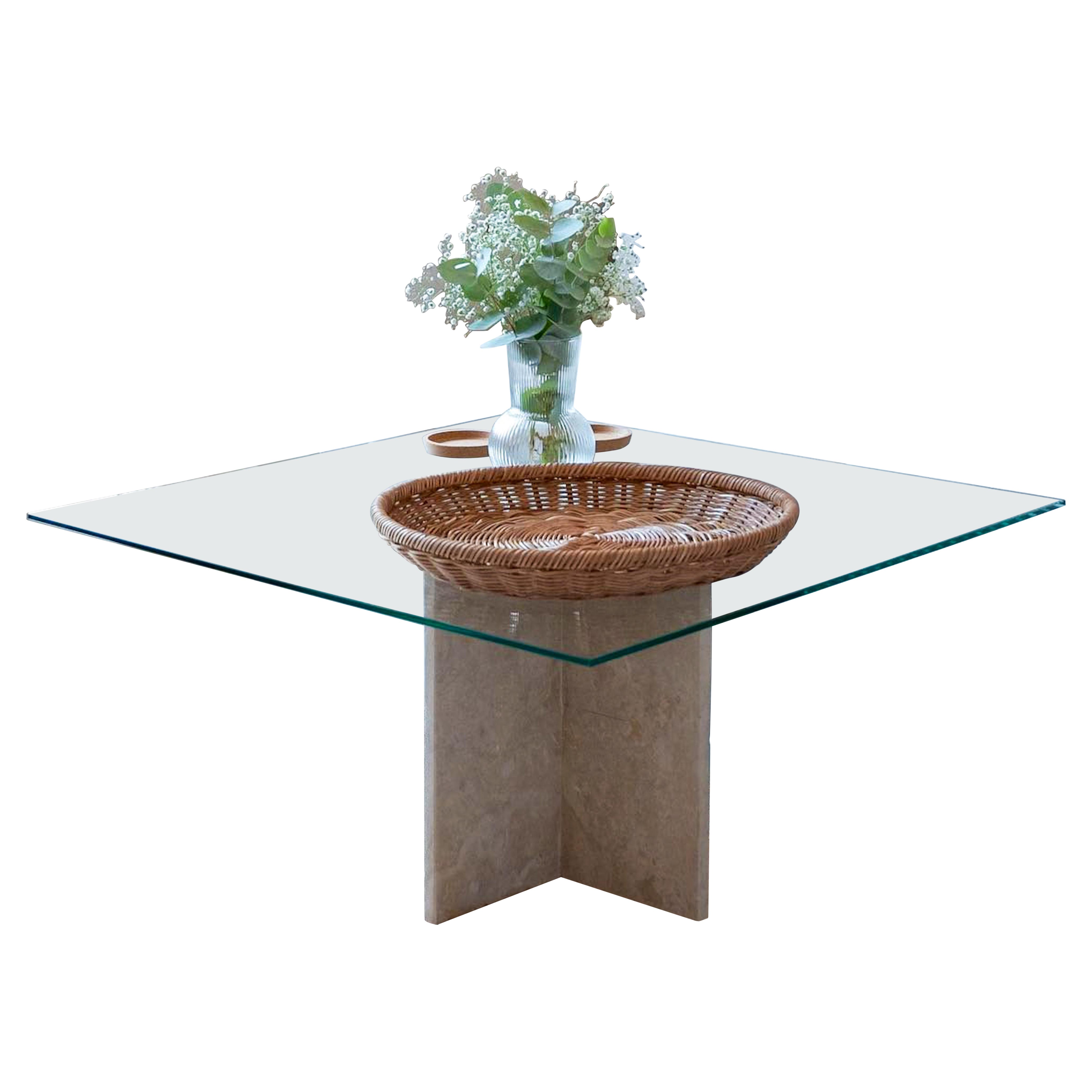 Glas Travertin Center Couchtisch - Quadratischer Marmor Glas Couchtisch