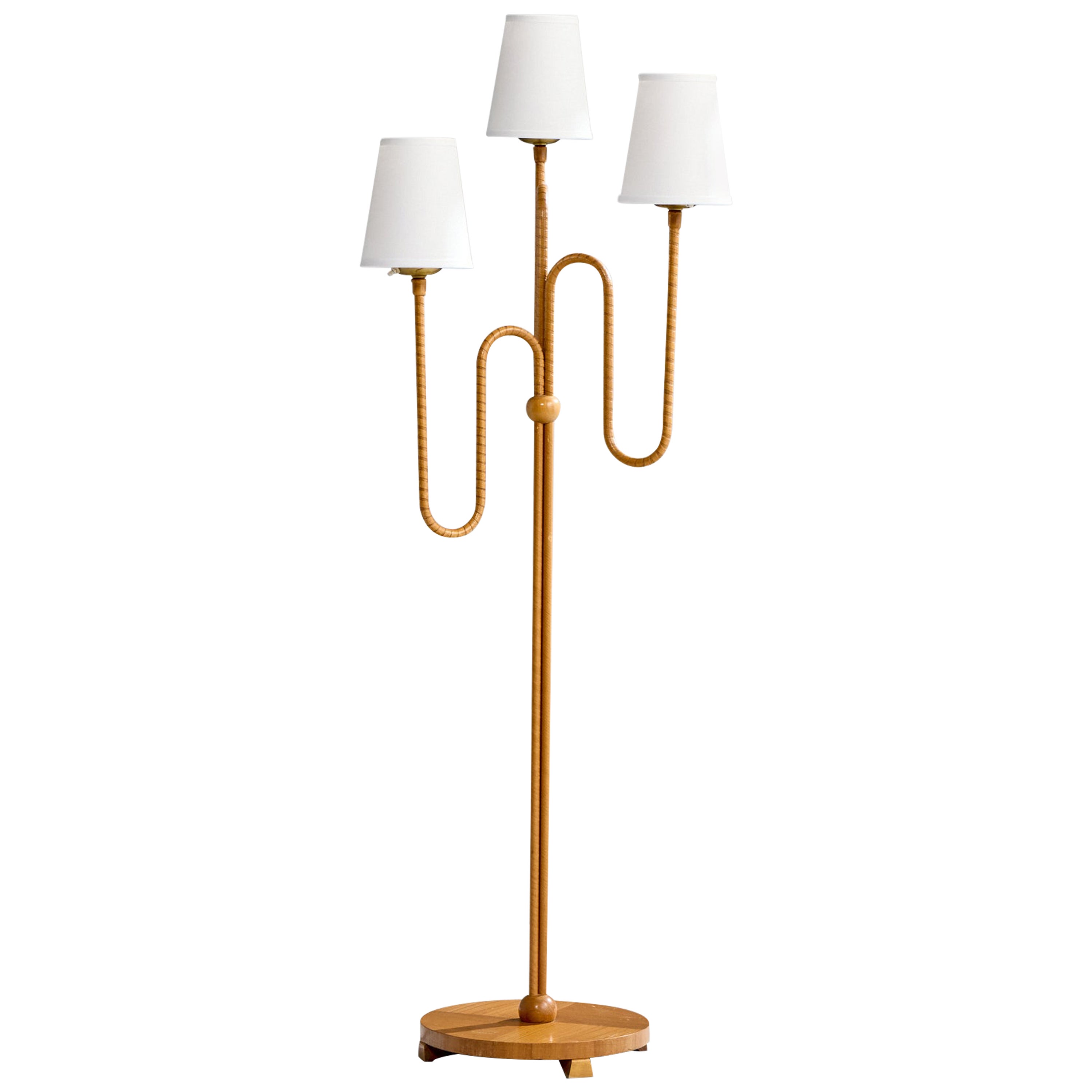 Swedish Designer, Floor Lamp, Oak, Brass, Fabric, Sweden, 1940s