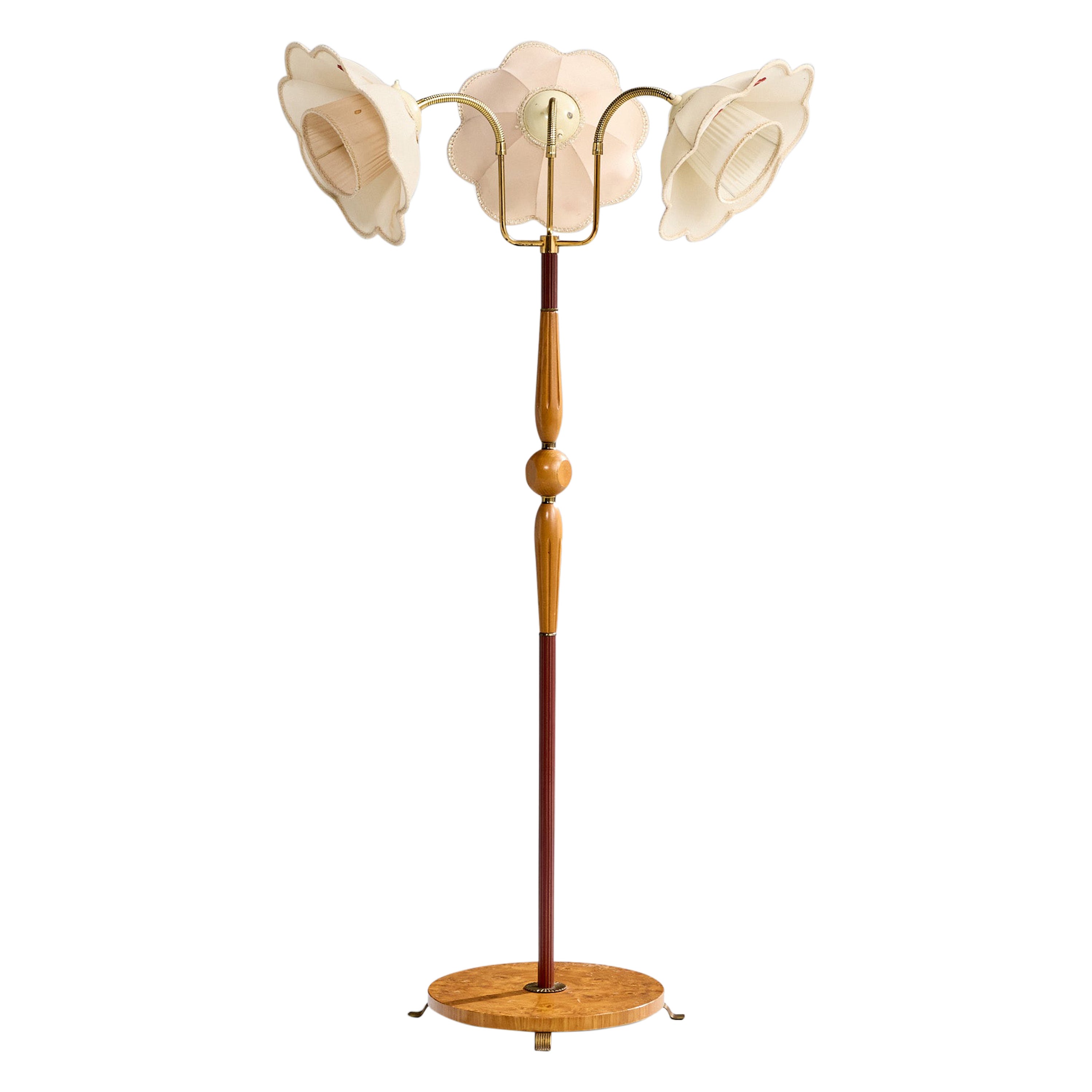 Swedish Designer, Floor Lamp, Wood, Brass, Fabric, Sweden, 1950s
