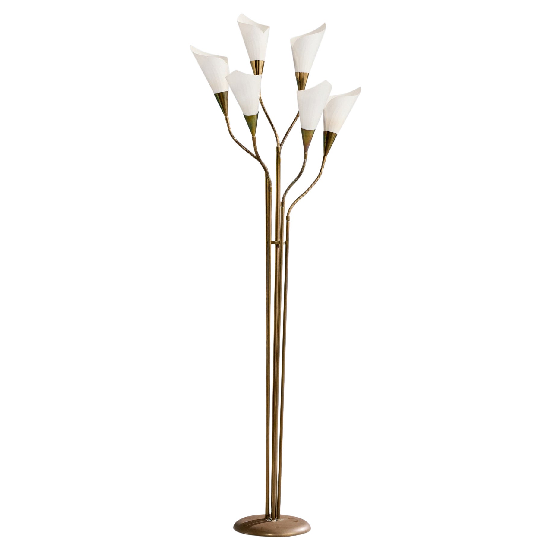 Lampada da terra di design danese, ottone, plastica, Danimarca, anni '50