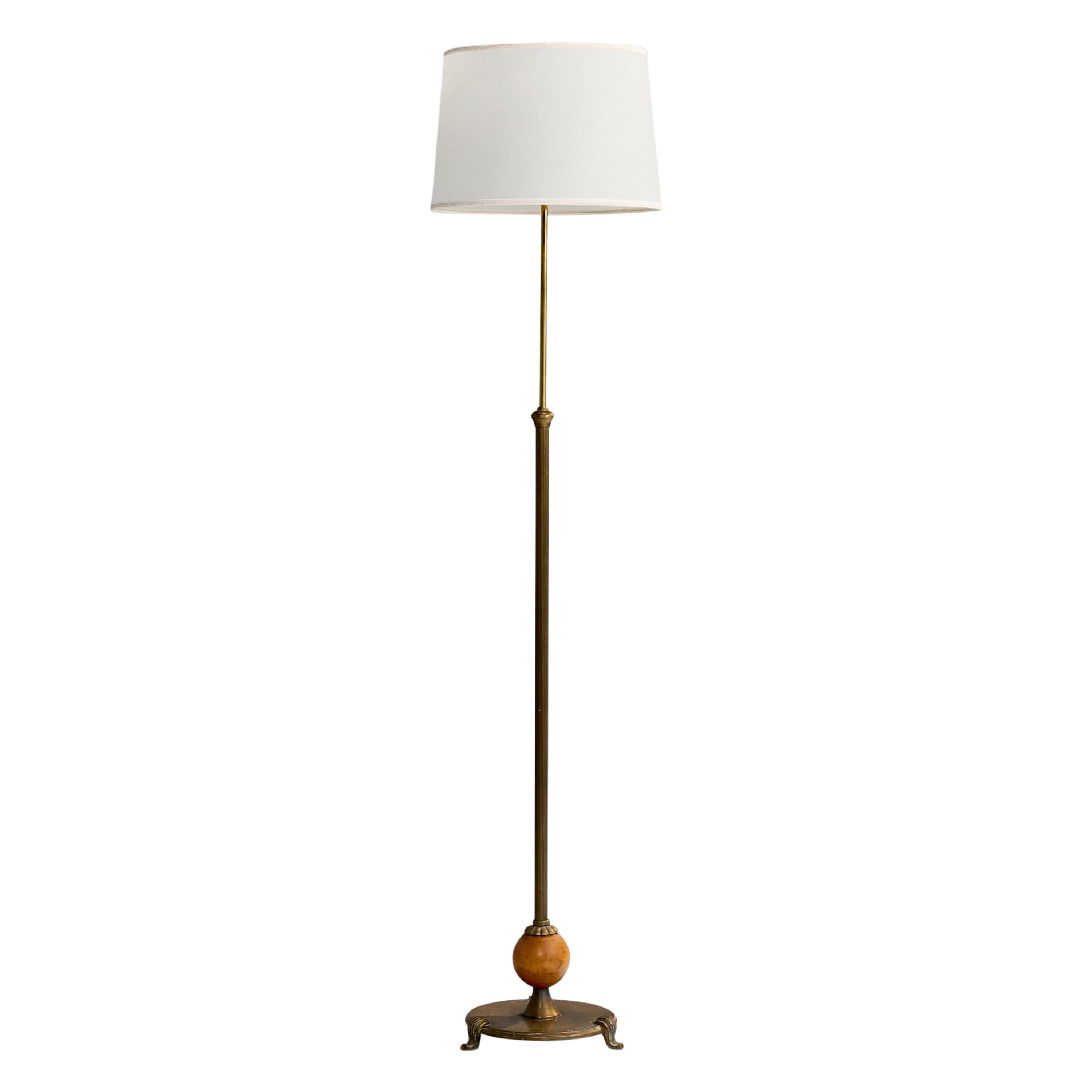 Danish Designer, Floor Lamp, Brass, Wood, Parchment, Denmark, 1920s