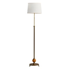 Antique Danish Designer, Floor Lamp, Brass, Wood, Parchment, Denmark, 1920s