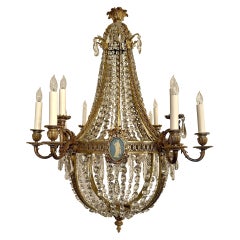 Antique French Bronze D'Oré & Crystal Chandelier with Jasperware Plaques C 1890.