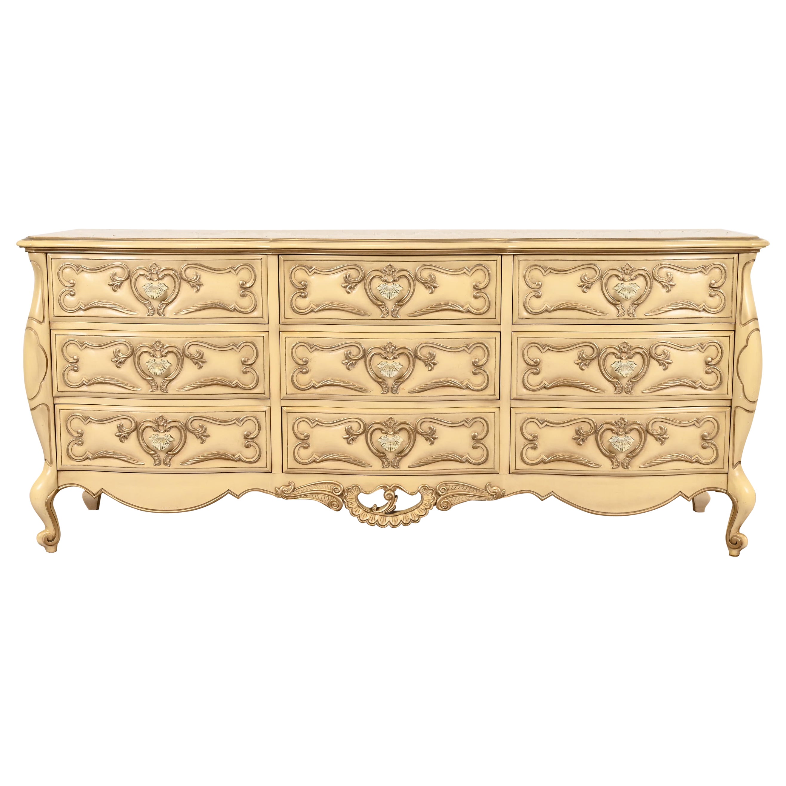 Romweber French Rococo Louis XV Cream Lacquered Nine-Drawer Dresser, Circa 1960s