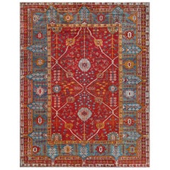 Tappeto antico CIRCA 1880 in lana rosso pomodoro con motivi floreali Anatolian Oushak