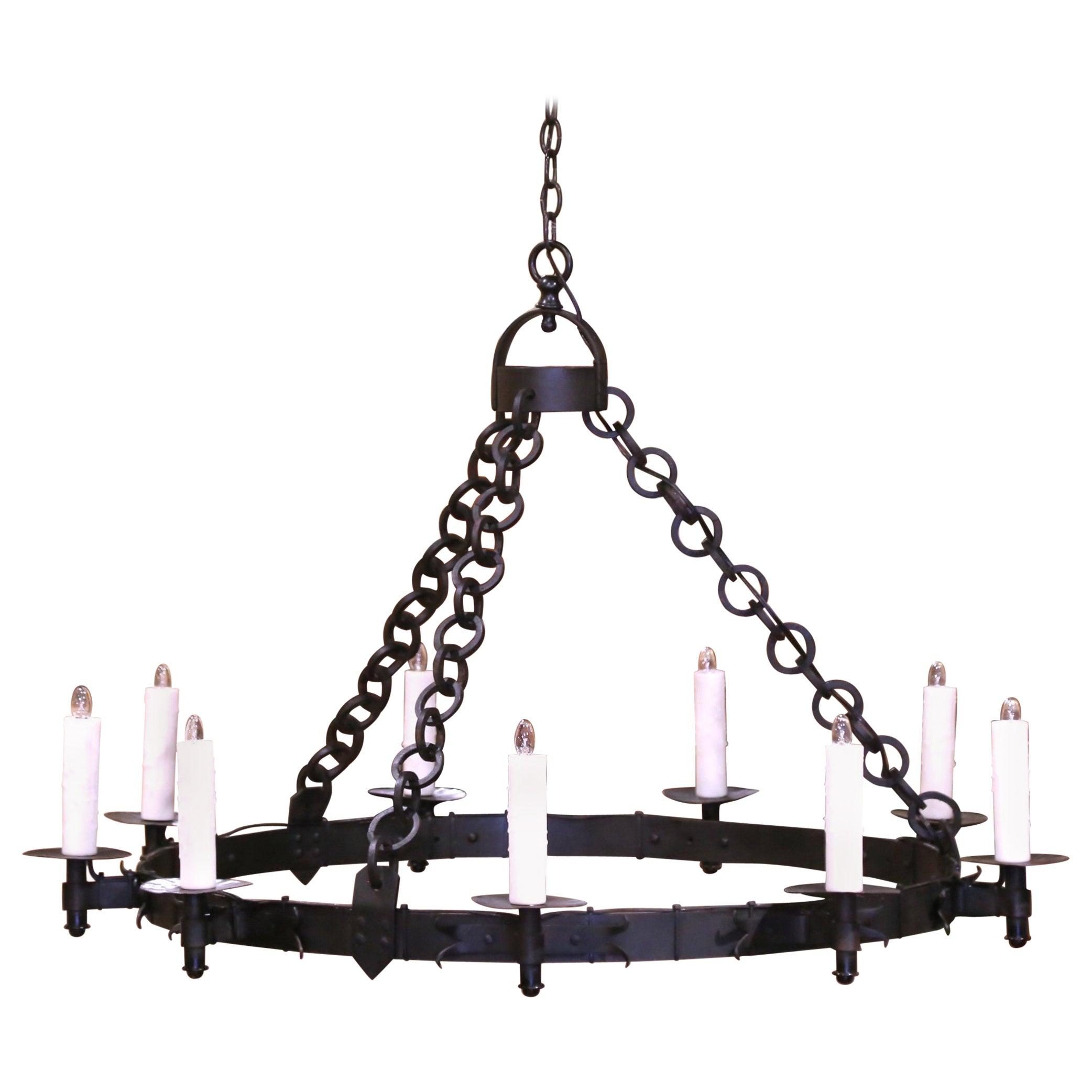19th Century French Gothic Style Hand Forged Iron Nine-Light Chandelier
