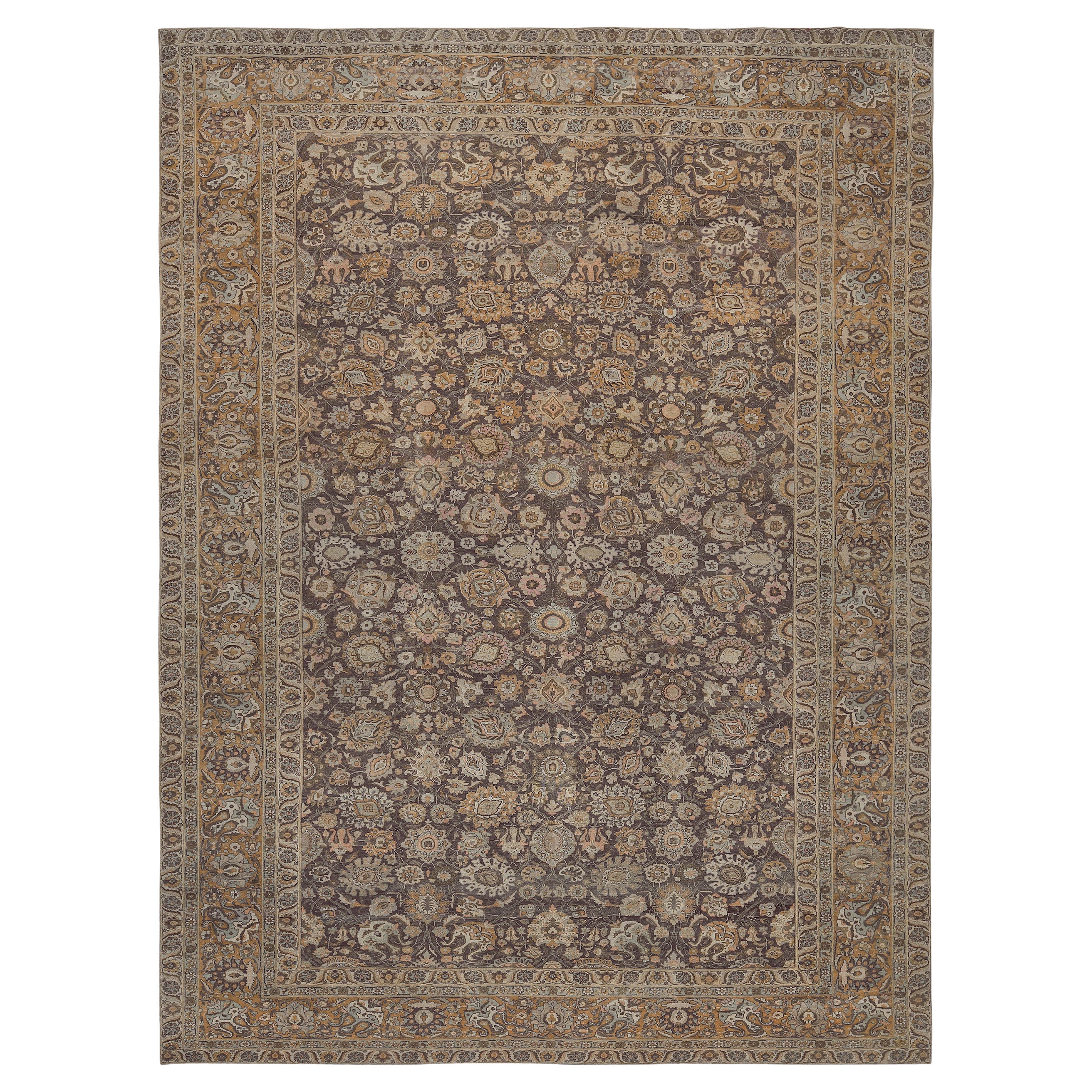 Übergroßer antiker, weicher, rosafarbener, geblümter, persischer Täbris-Teppich aus Wolle, um 1900