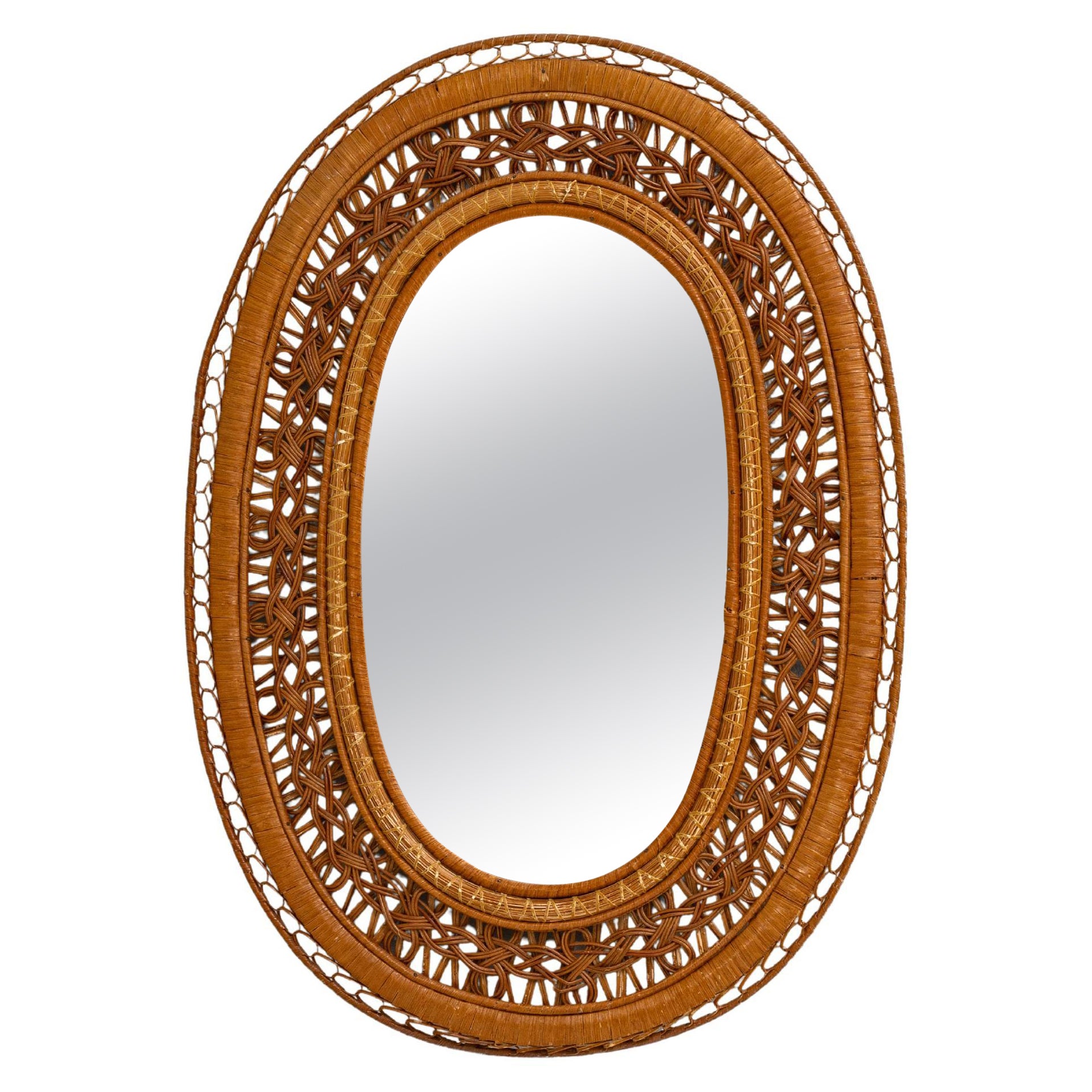 Miroir ovale en osier français du 20e siècle