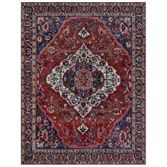Antique Cherry-Red Wool Floral Traditional Persian Bakhtiari Rug