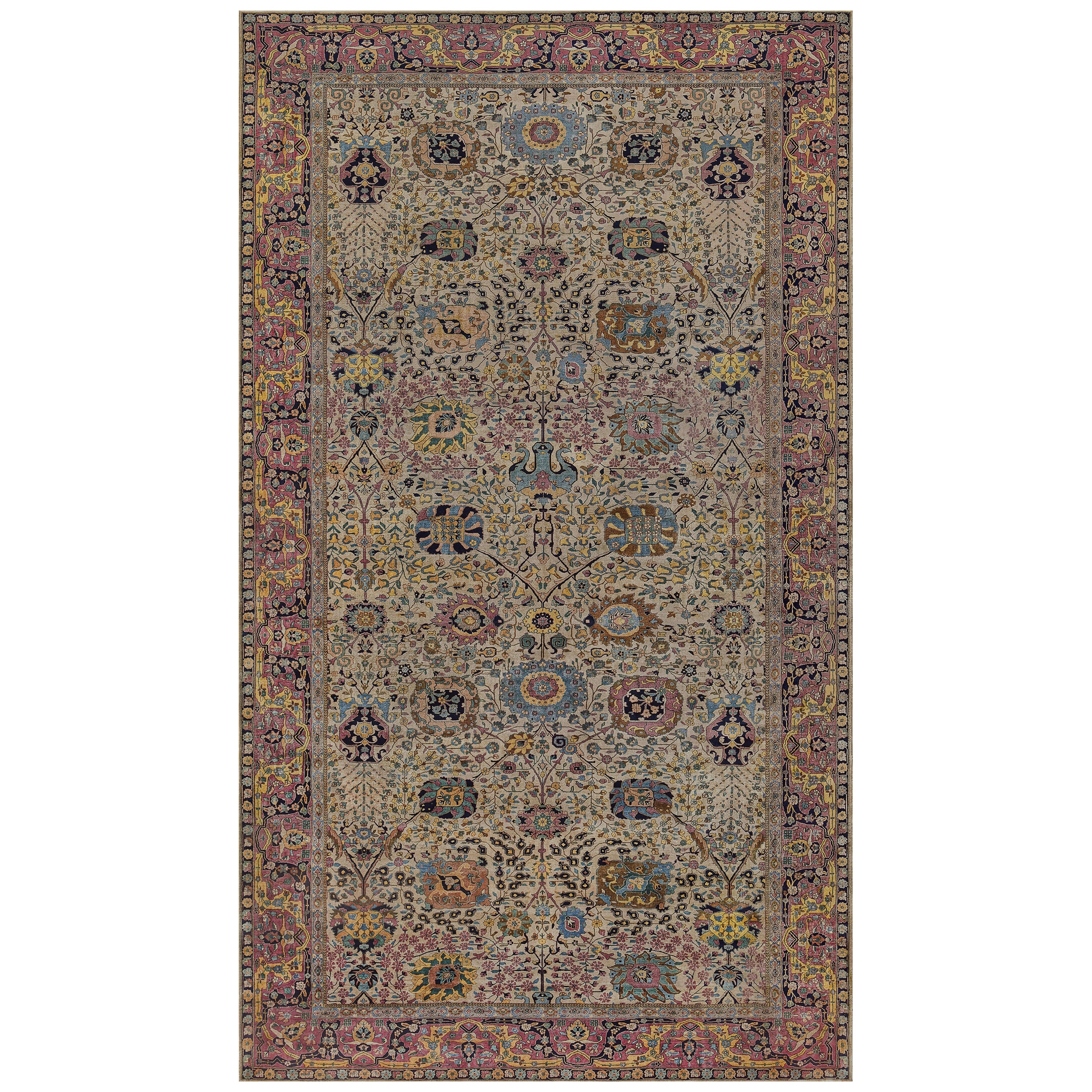 Antique Hand-Woven Wool Multicolored Floral Indian Agra Rug