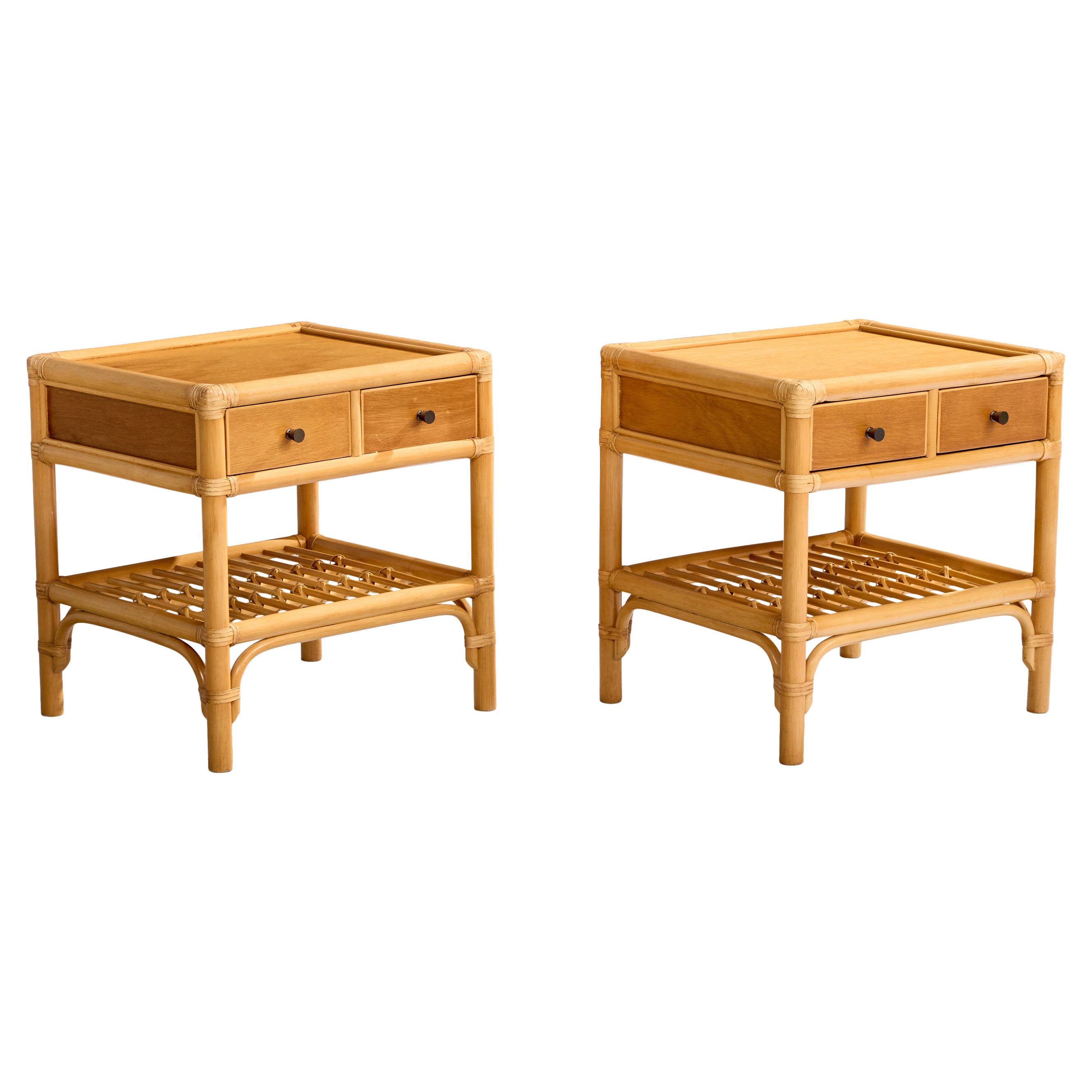 Kenneth Bergenblad, Nightstands, Bamboo, Wood, Rattan, Brass, Sweden, 1976
