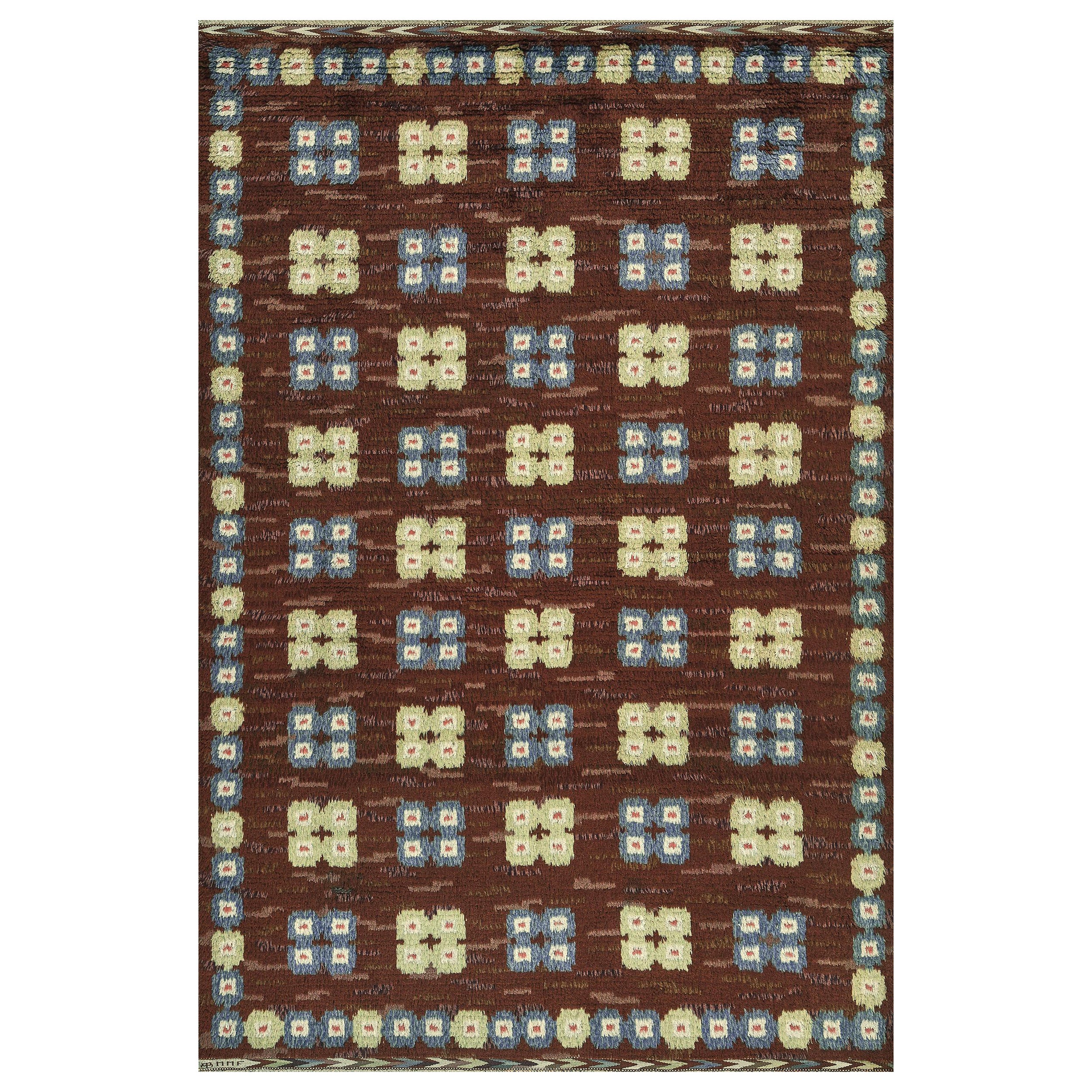 Vintage Signed Märta Måås-Fjetterström Brown Floral Wool Swedish Rug