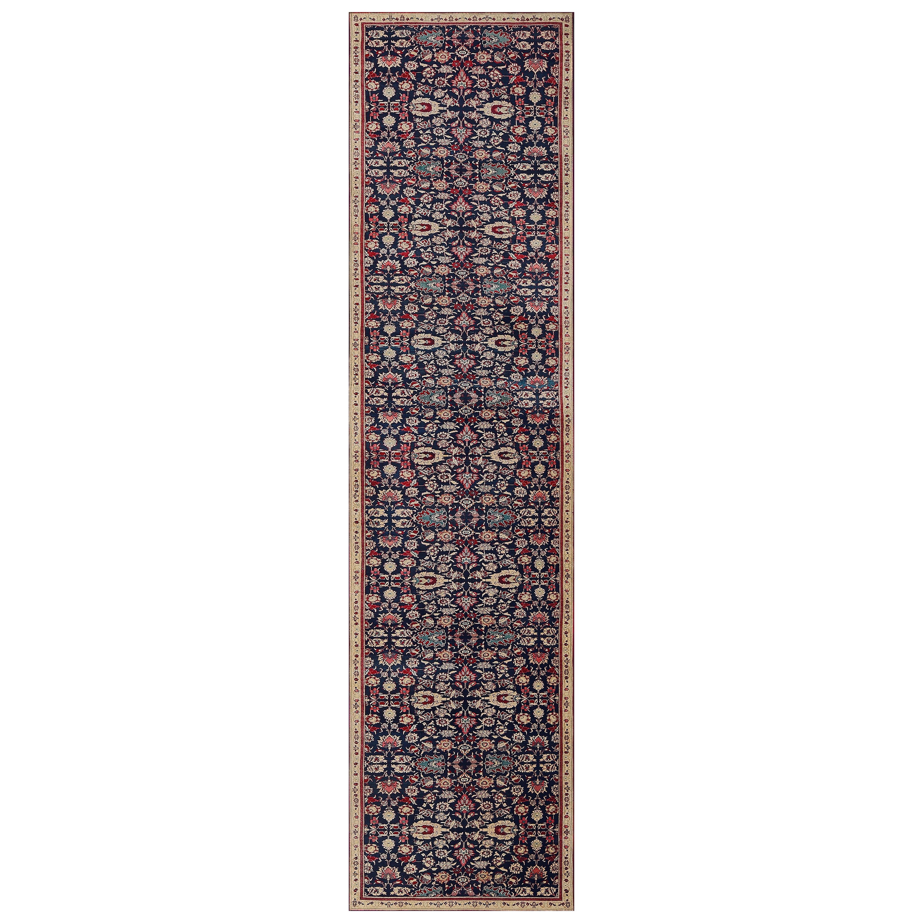 Tapis de couloir Agra indien ancien à fleurs indigo-bleu tissé à la main