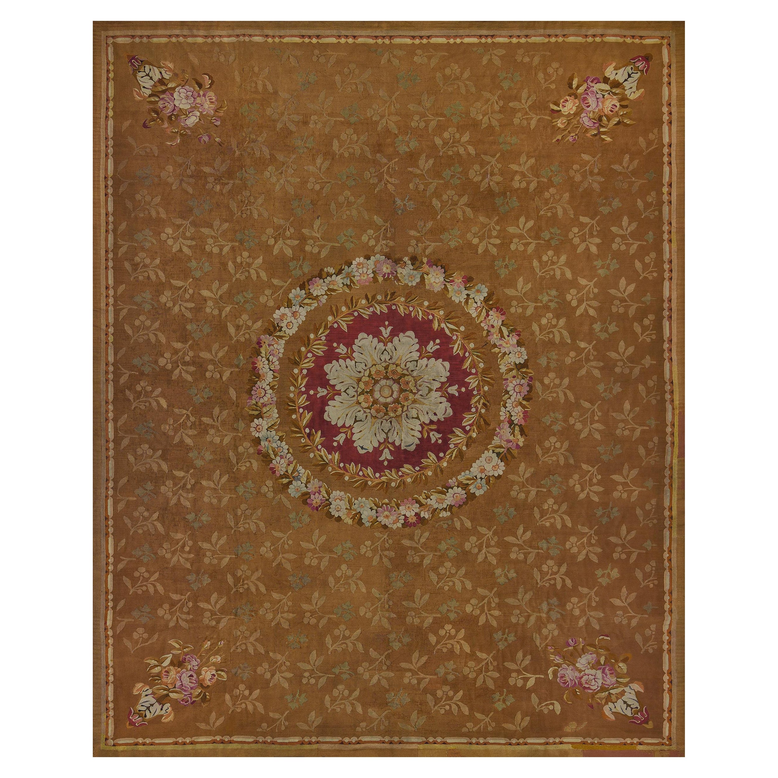 Antique Wool Tobacco-Brown Floral French Aubusson Rug