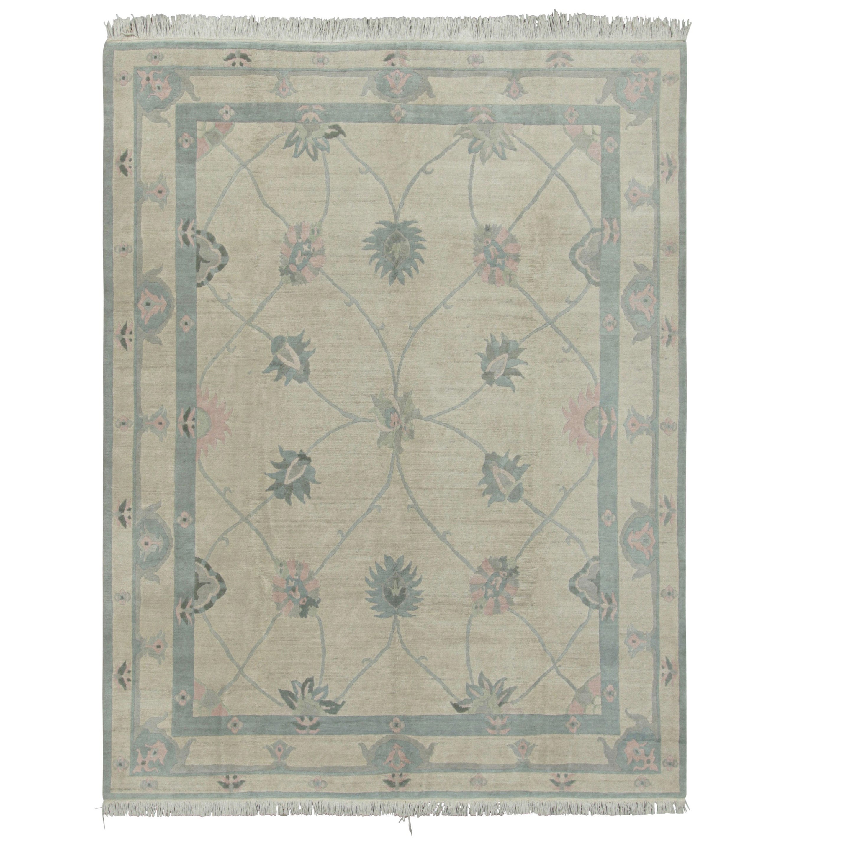 Rug & Kilim’s Oushak Style Rug in Cream with Slate Blue Floral Patterns