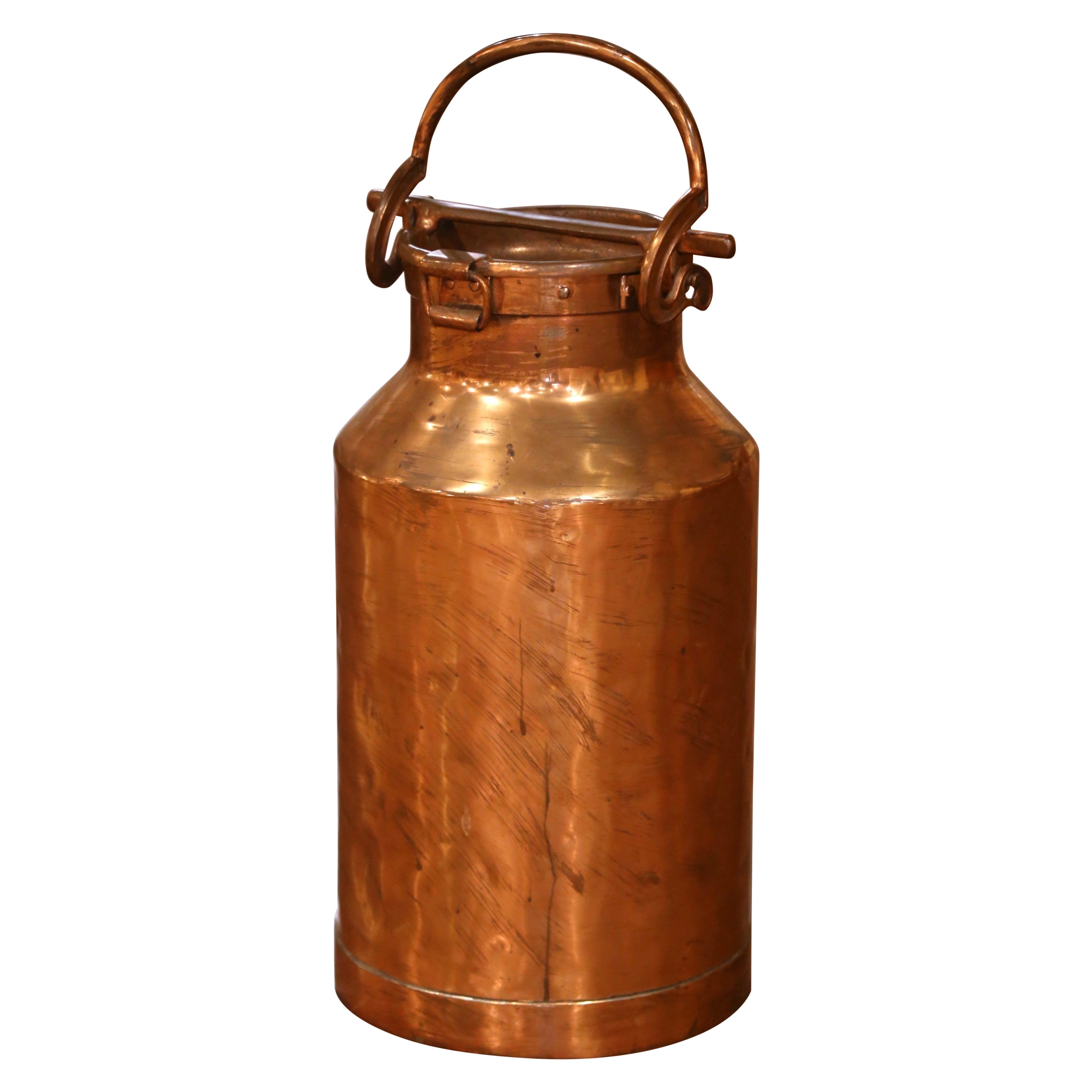19th Century French Polished Copper and Iron Milk Can with Locking Lid