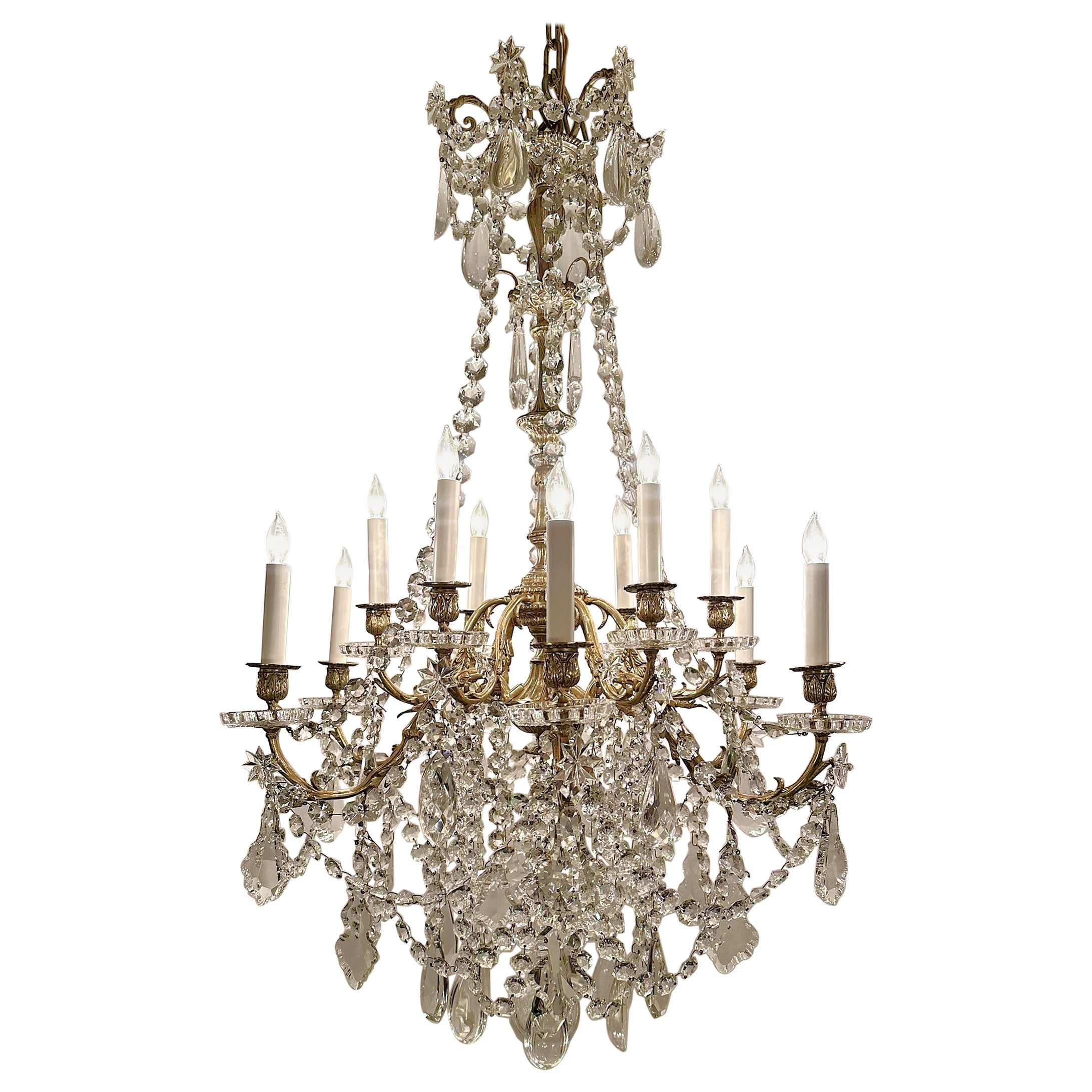 Antique French Baccarat Crystal and Gold Bronze 12 Light Chandelier, Circa 1895.