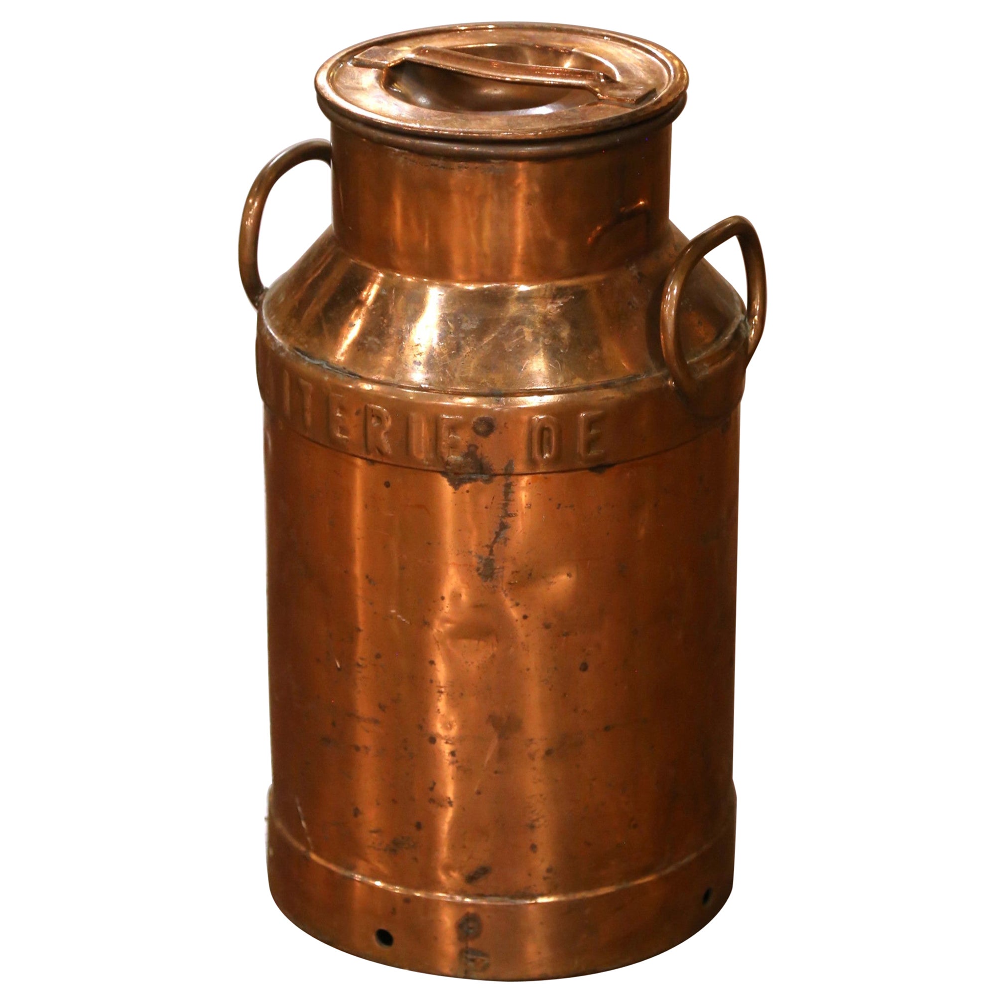 19th Century Belgium Polished Copper-Clad Milk Can “Laiterie de Florennes”