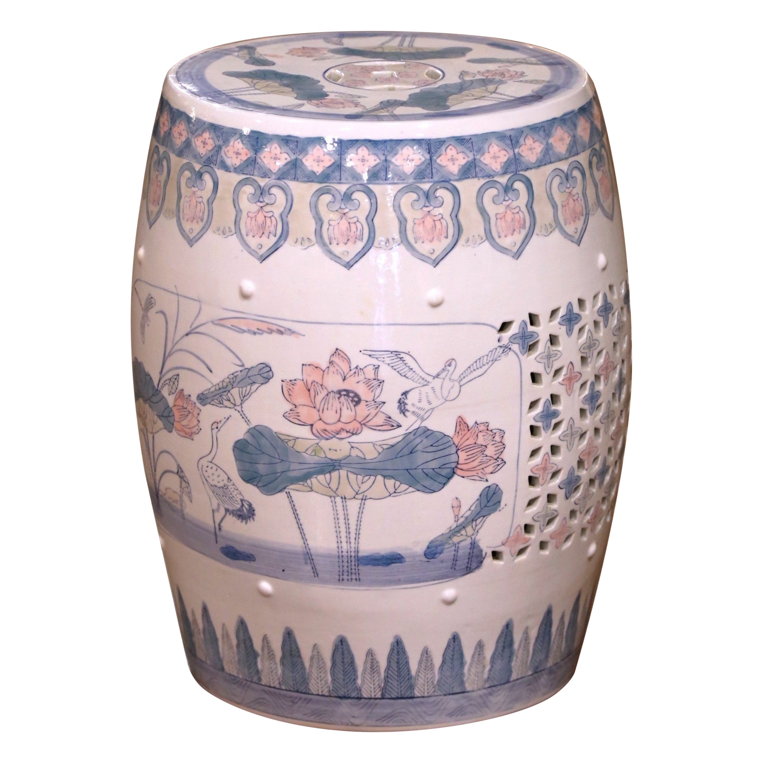 Mid-Century Chinese-Export Porcelain Garden Stool with Lotus and Bird Motifs