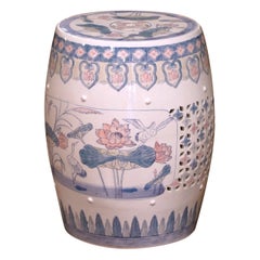 Vintage Mid-Century Chinese-Export Porcelain Garden Stool with Lotus and Bird Motifs