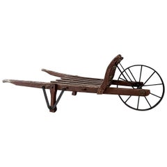 Antique Handmade 19th Century French Rustic Wooden Slat Wheelbarrow