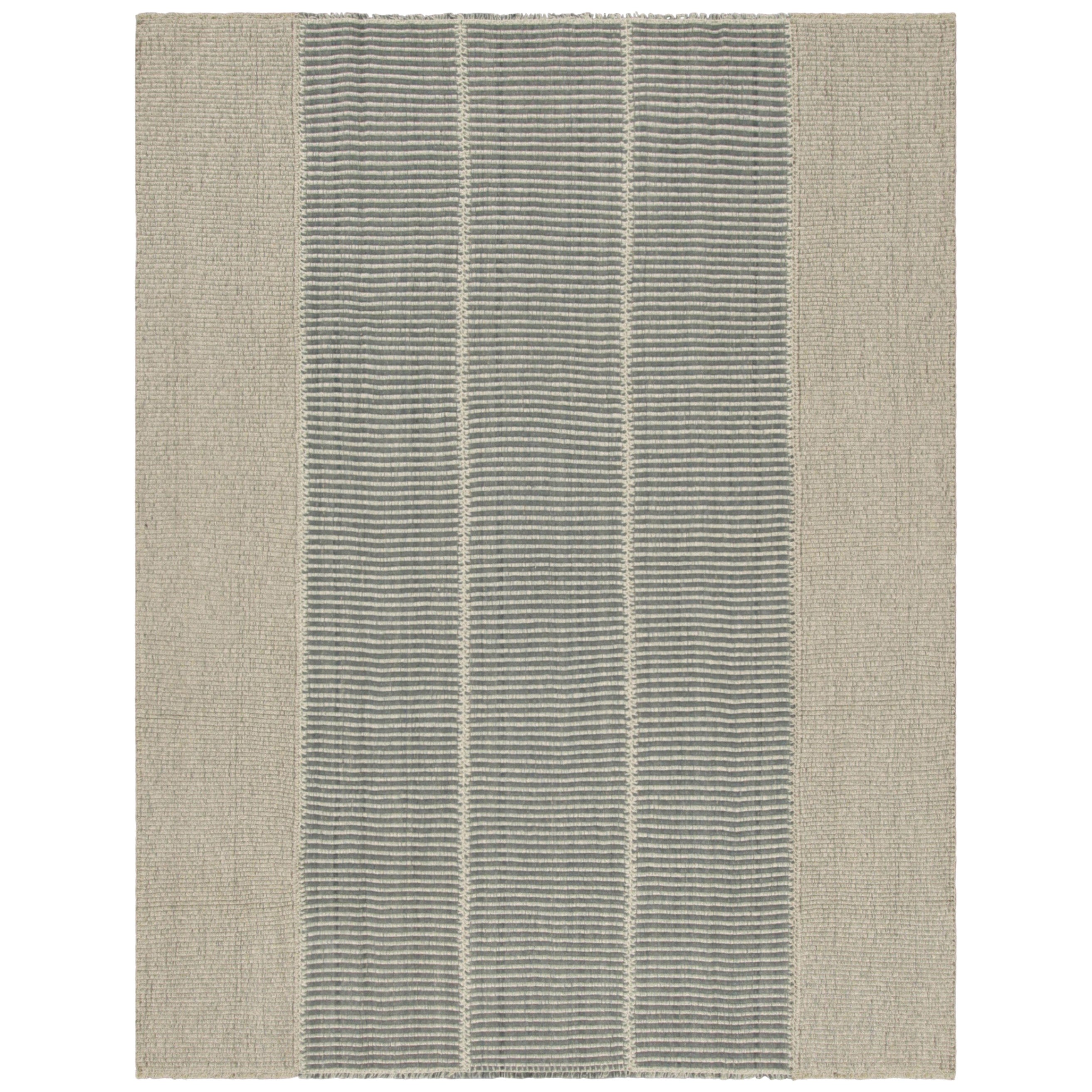Rug & Kilim's Contemporary Kilim with Textural Cream, Beige and Blue Stripes (Kilim contemporain avec des rayures texturées crème, beige et bleues)