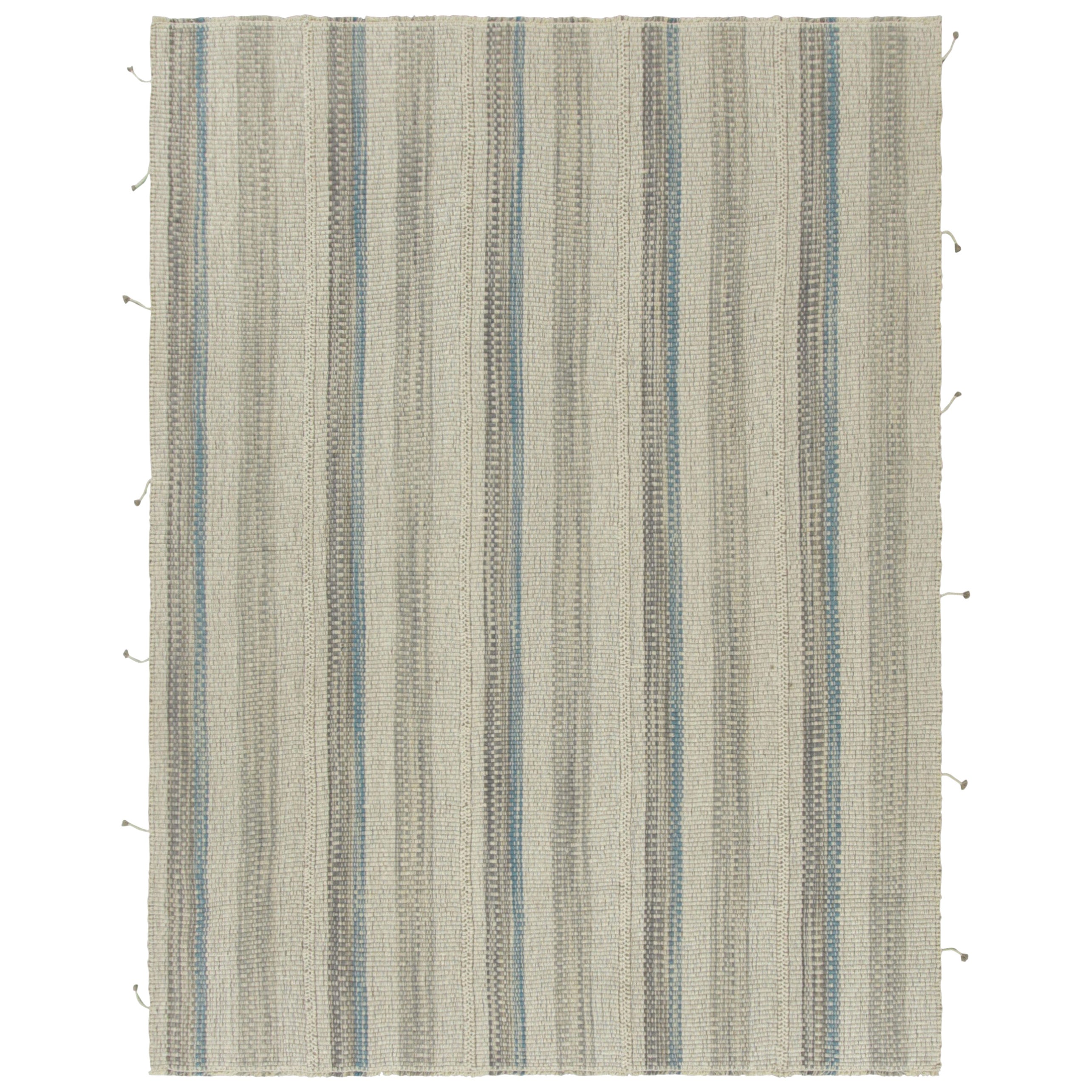 Rug & Kilim’s Contemporary Kilim with Textural Cream, Beige and Blue Stripes