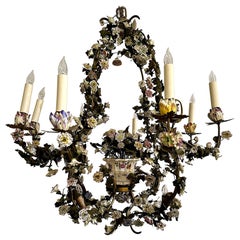Antiker französischer Kronleuchter aus Bronze und Zinn mit sächsischen Porzellanblumen aus Porzellan, um 1890