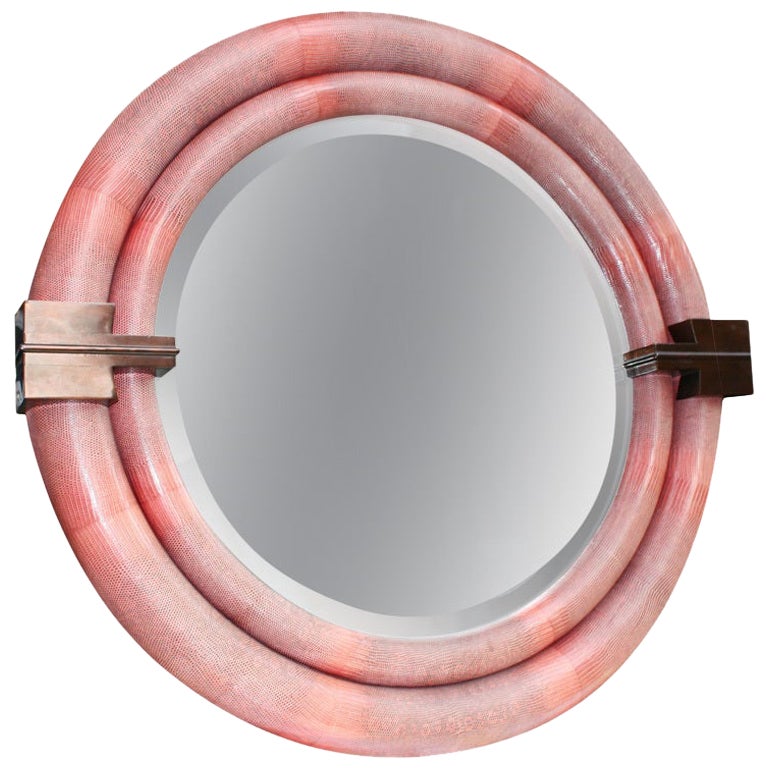 A Large Round Python-Skin Mirror signed Karl Springer