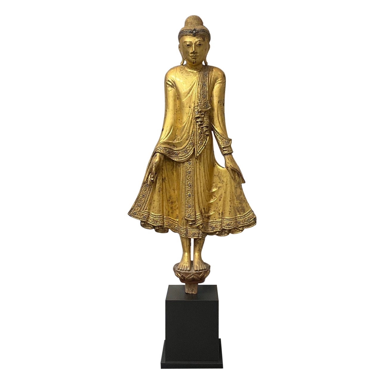 19th c. Wooden Gilt Burmese Standing Buddha statue - Mandalay period