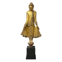 19th c. Wooden Gilt Burmese Standing Buddha statue - Mandalay period