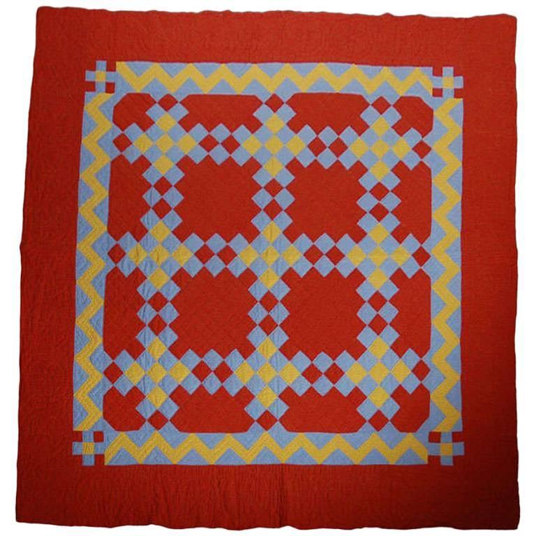 Fantastic 19th Century Irish Chain Quilt with Zig Zag Border at 1stdibs