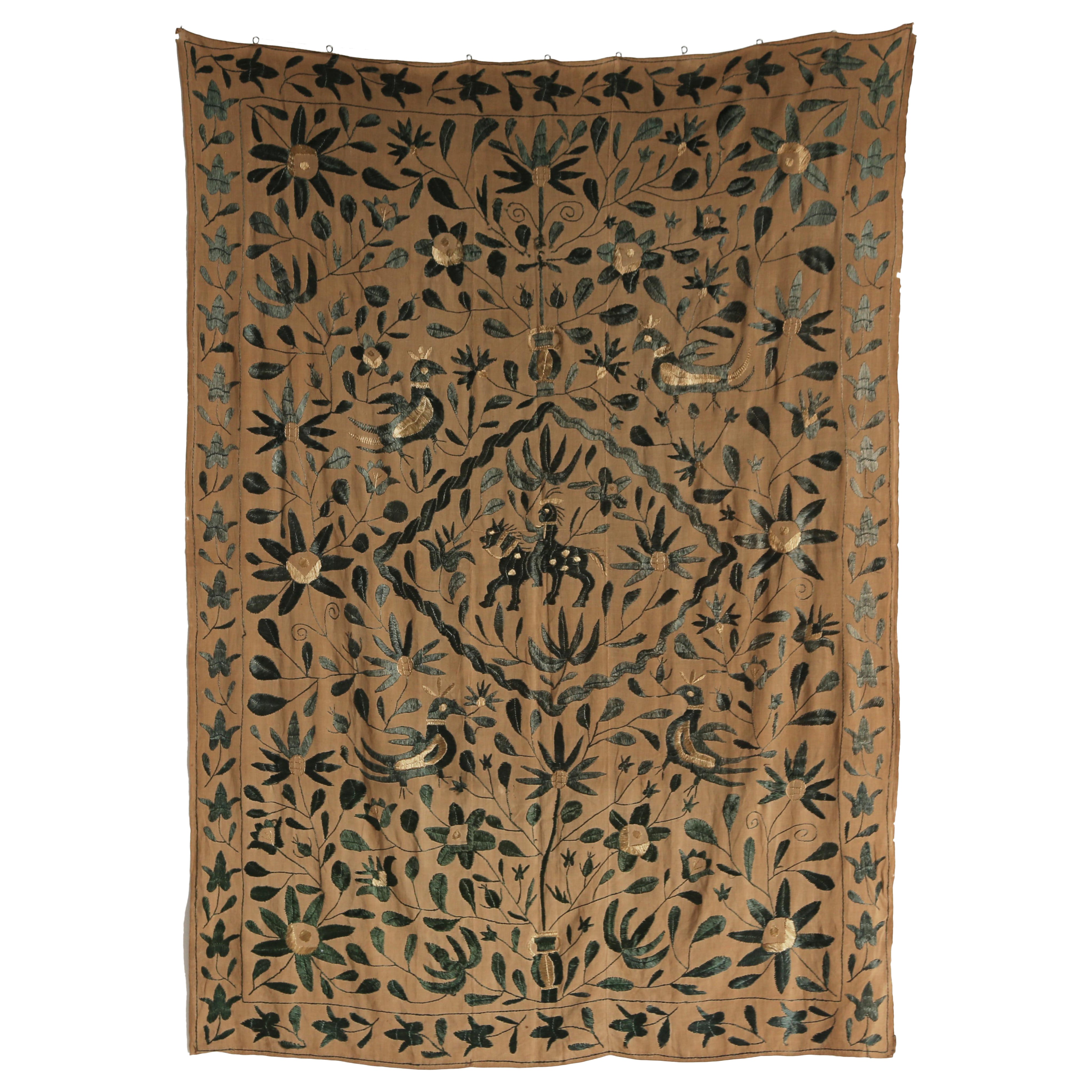 Indo-Portuguese Embroidered Linen Wall Hanging, 18th Century