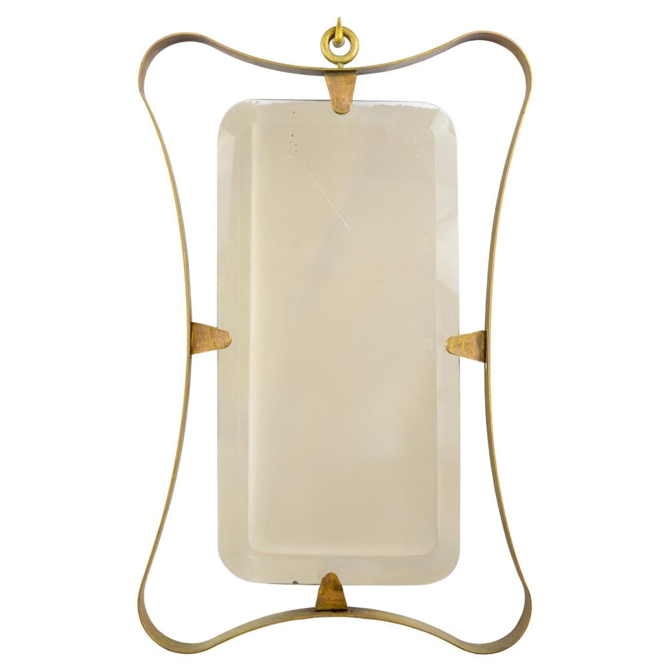 1940 Italian Mirror in Brass and Patina with Hook in Cast Bronze