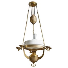 Antique Art Nouveau Brass Kerosene Petronella Oil Hanging Lamp