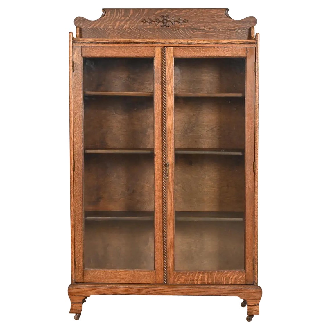 Antique Victorian Carved Oak Glass Front Bookcase, Circa 1890
